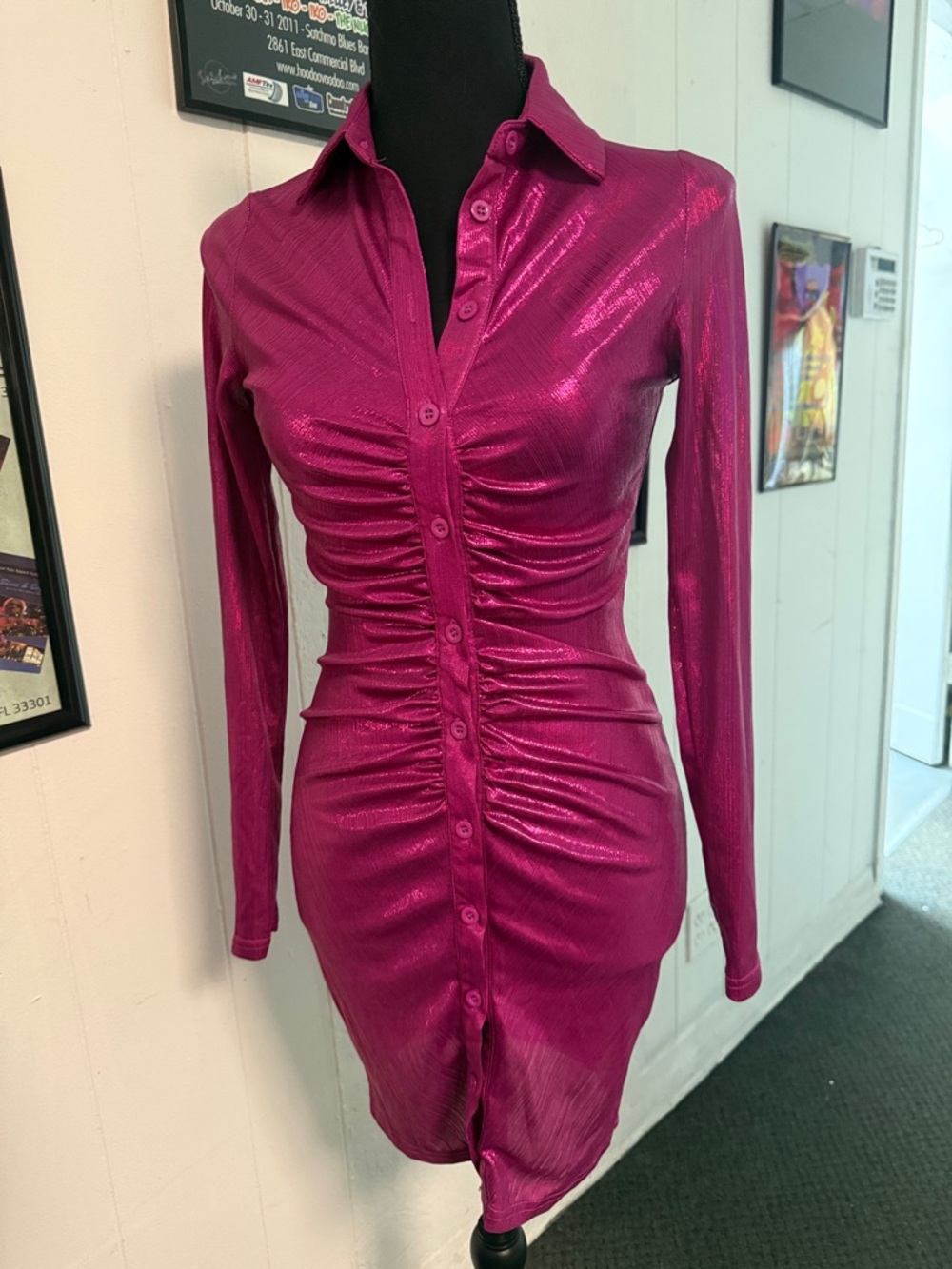 PrettyLittleThing Metallic Fuchsia Ruched Button-Front Long Sleeve Dress